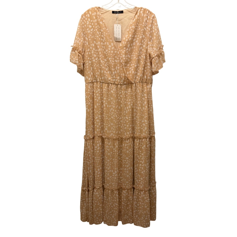 Cottagecore Womens Tan White Animal Print Tiered V-Neck Maxi Dress •L• NWT Flowy